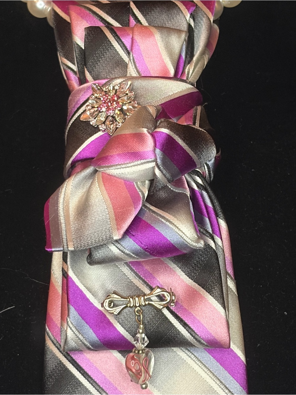 Striped Pink and Purple Silk Tie with Decorative Brooches